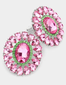 Pink/Green Rhinestone clip on earrings- Jewelry